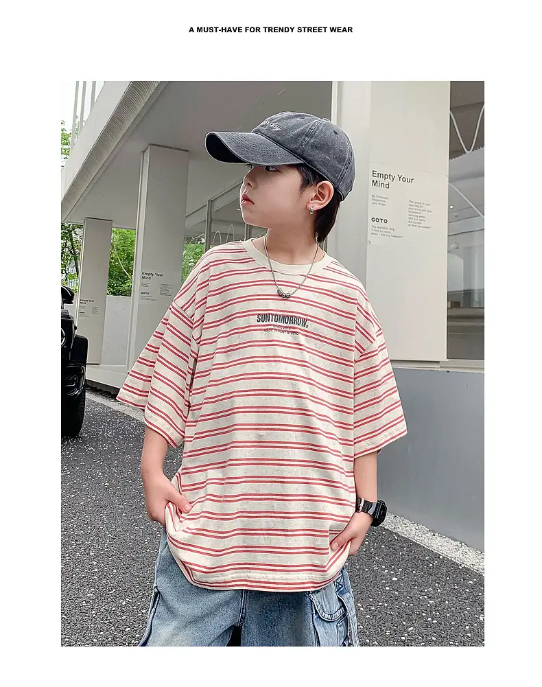 Boys Striped T-Shirt Red White 2025 Summer — feature 2