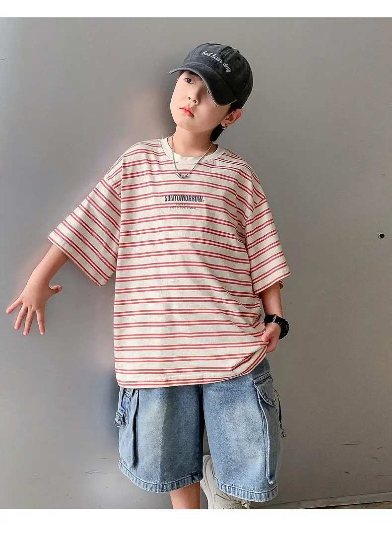 Boys Striped T-Shirt Red White 2025 Summer — feature 7