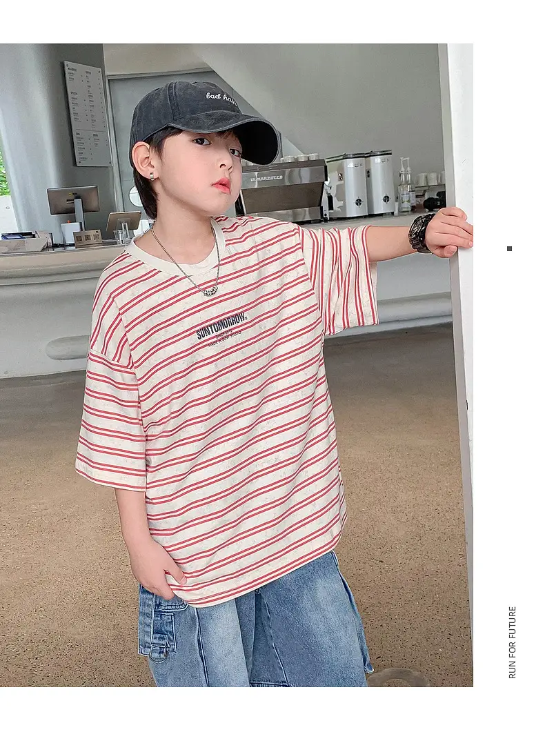 Boys Striped T-Shirt Red White 2025 Summer — feature 8