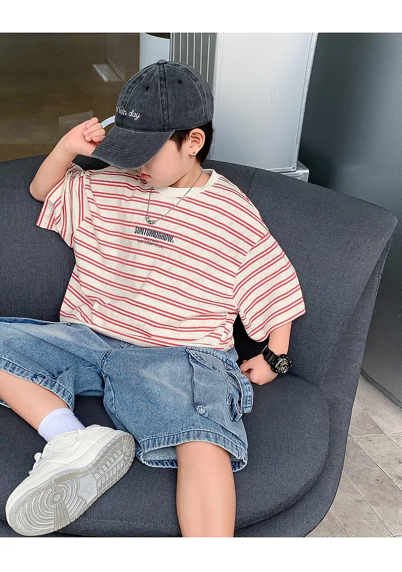 Boys Striped T-Shirt Red White 2025 Summer — feature 9