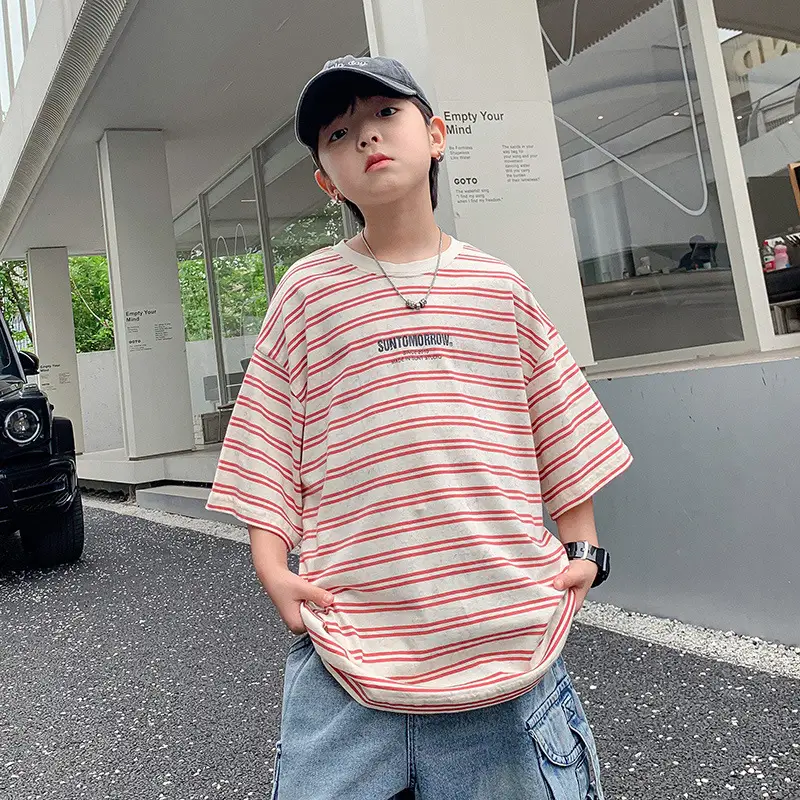 Boys Striped T-Shirt Red White 2025 Summer