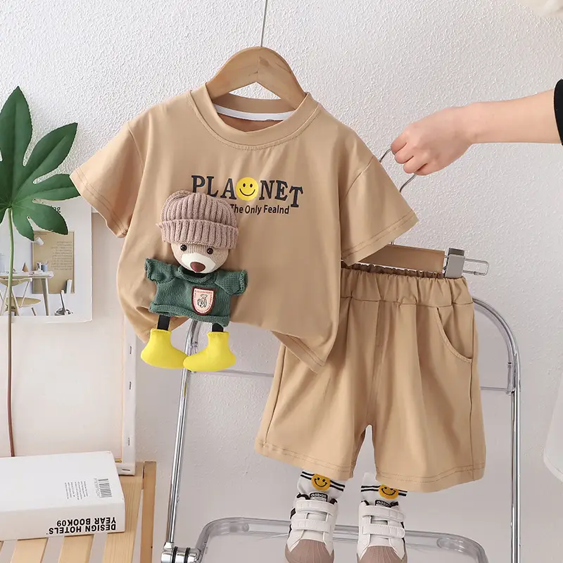 Cotton Boy's Printed T-Shirt Shorts Set Beige Brown - Image 2