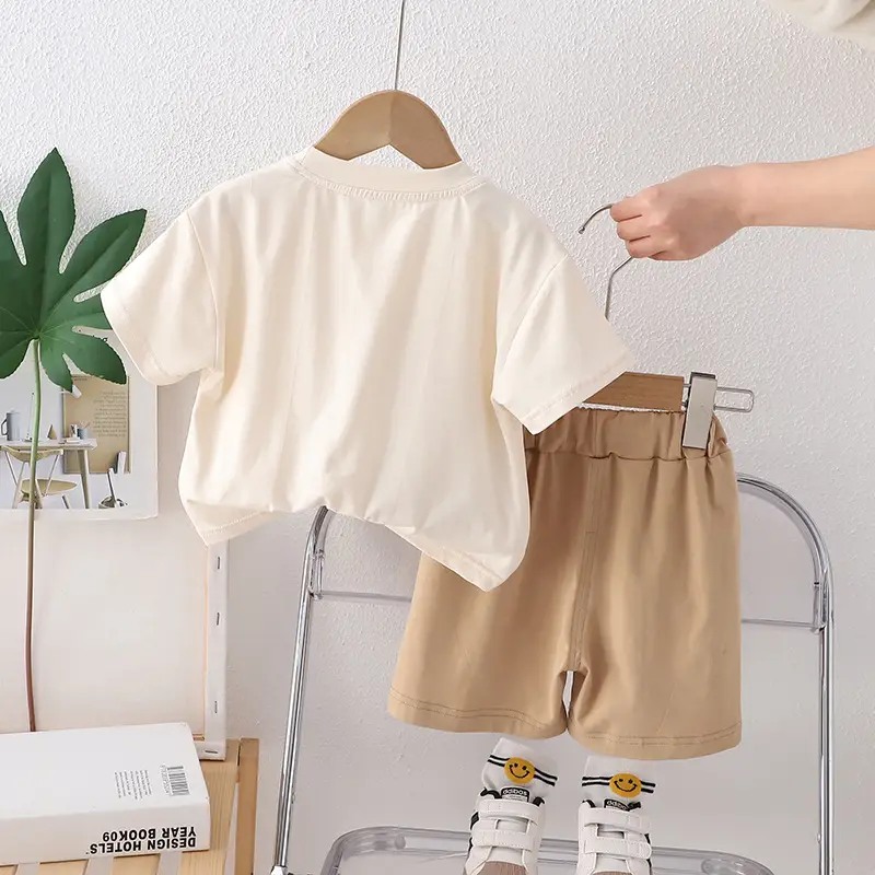 Cotton Boy's Printed T-Shirt Shorts Set Beige Brown - Image 4