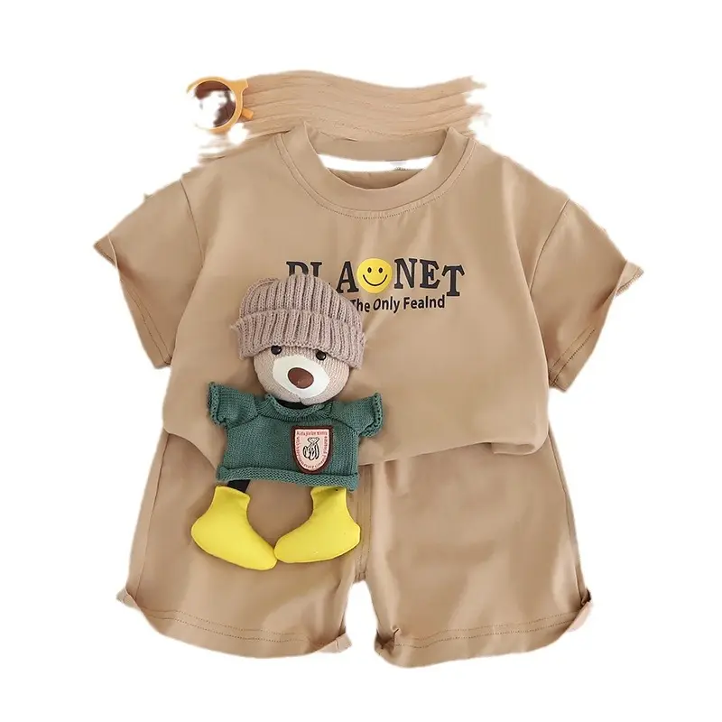Cotton Boy's Printed T-Shirt Shorts Set Beige Brown - Image 5