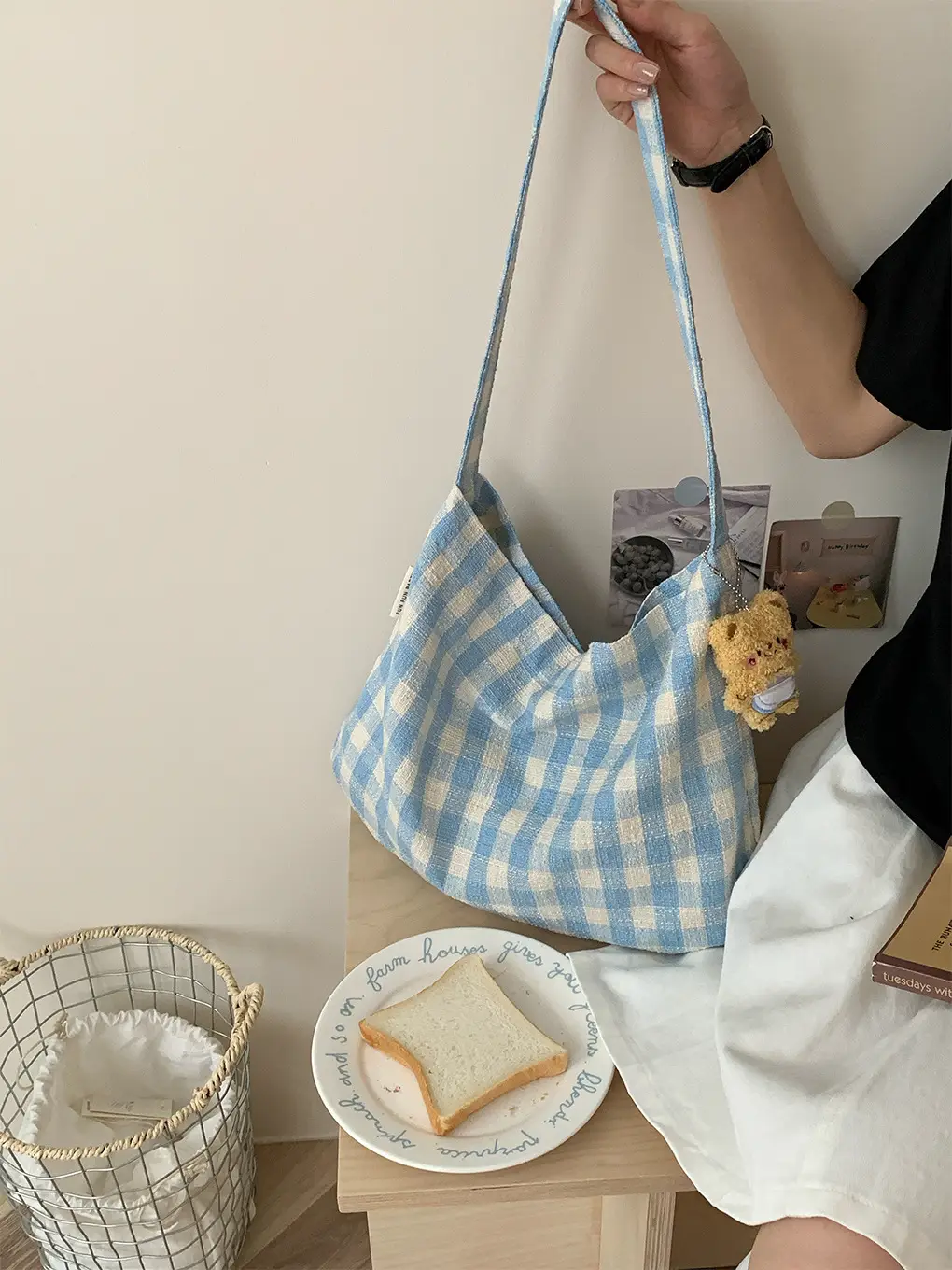 Cream Blue Plaid Shoulder Crossbody Bag Large Capacity — feature 18