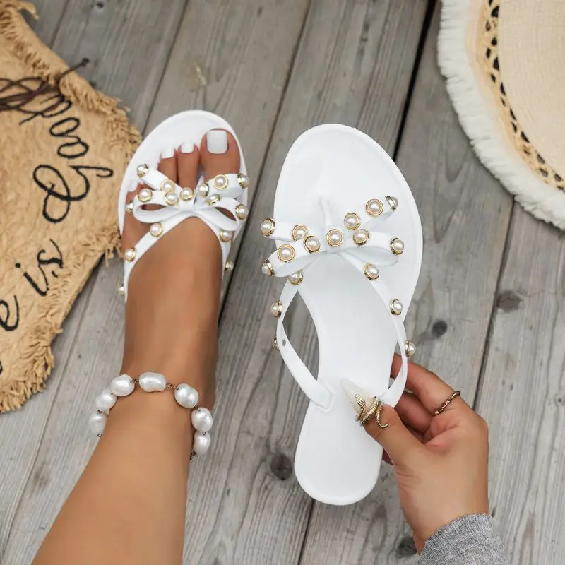 European and American New Arrival Bow Stud Flip-Flops Women's Summer Cross-Border Explosions Warren Anti-Slip PVC Sandals and Slippers — feature 8