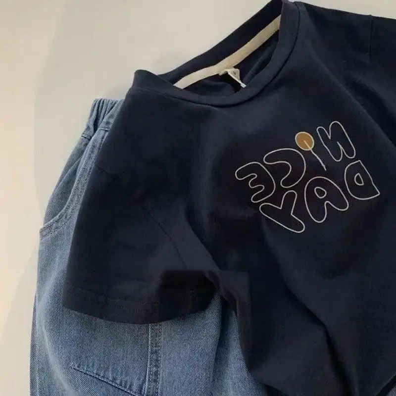 Navy Blue 2024 Kids Casual T-Shirt with Embroidered Design - Image 4