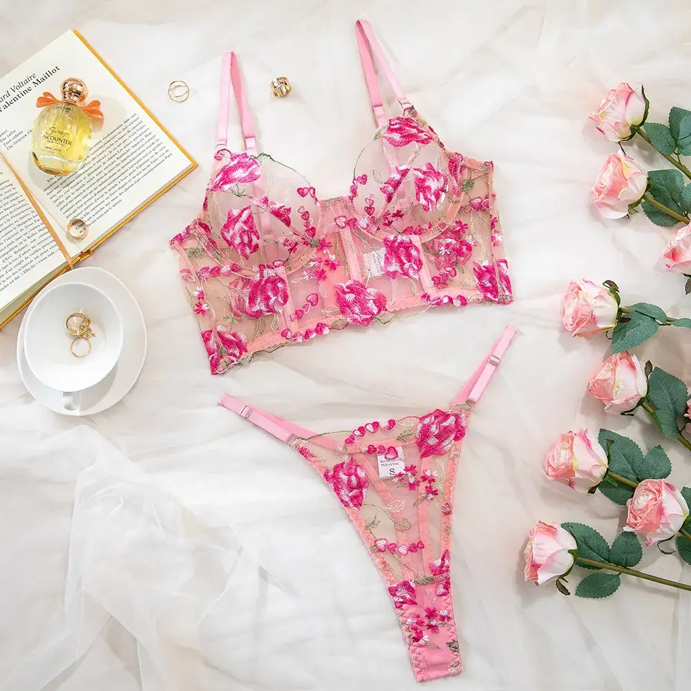 Pink Fishbone Lace Bra Suit for Women — feature 11
