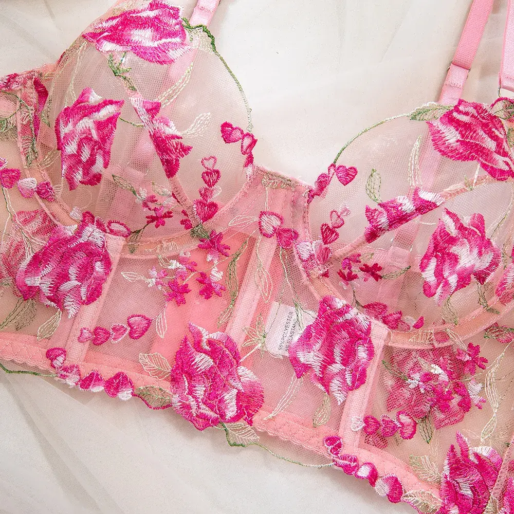 Pink Fishbone Lace Bra Suit for Women — feature 12