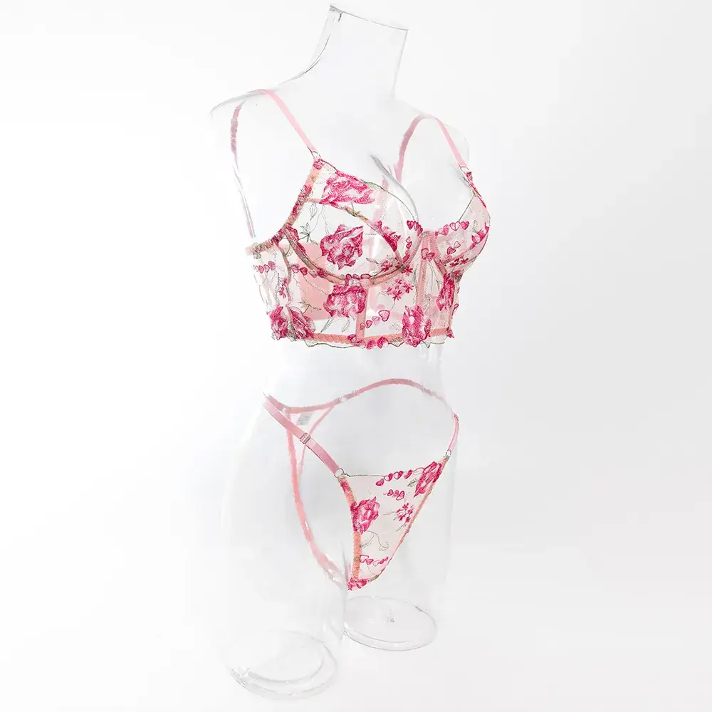 Pink Fishbone Lace Bra Suit for Women — feature 9