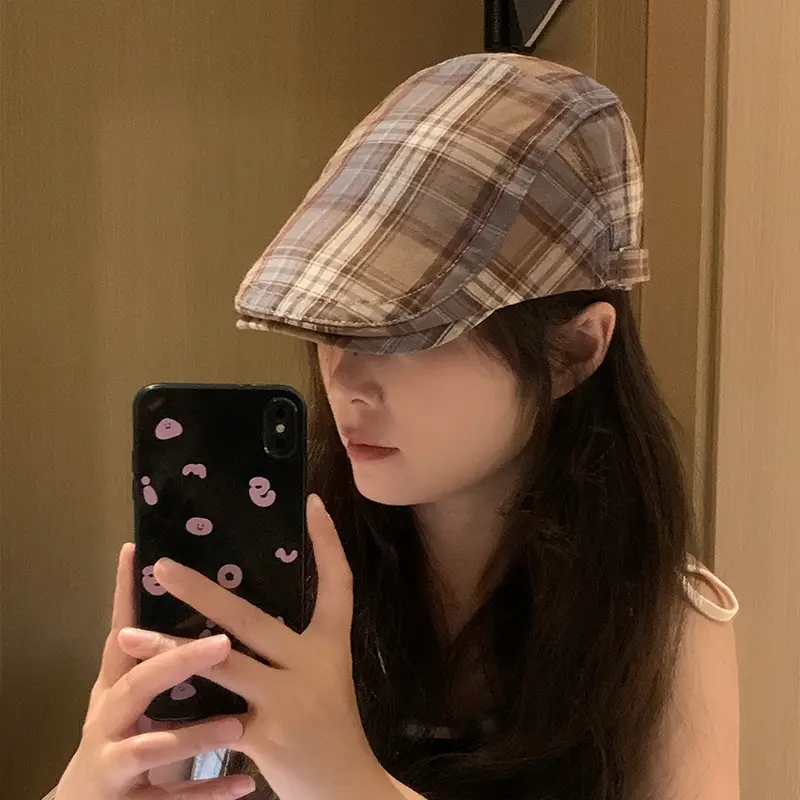 Women Plaid Progressive Hat Summer Retro Artistic Painter's Hat - Image 8