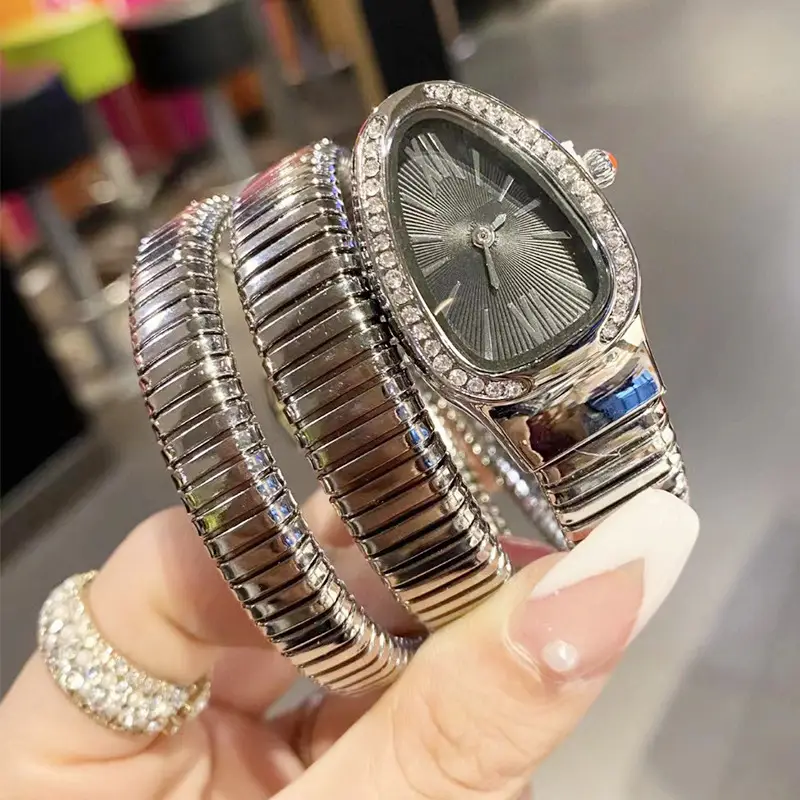 Fashion Creative Snake-shaped Two-turn Steel Strip Steel Strip Watch Ladies Stylish Full Diamond Cross-border Quartz Watch Factory Wholesale