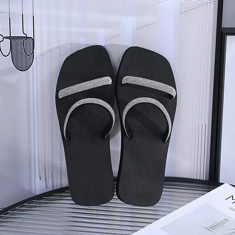 Summer New Arrival Black Rhinestone Slippers All-Match Sandals Outwear Fashionable Thick Sole Increased Seaside Beach Shoes