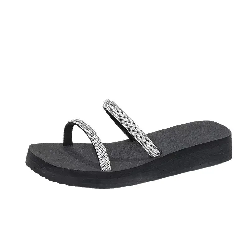 Summer New Arrival Black Rhinestone Slippers All-Match Sandals Outwear Fashionable Thick Sole Increased Seaside Beach Shoes