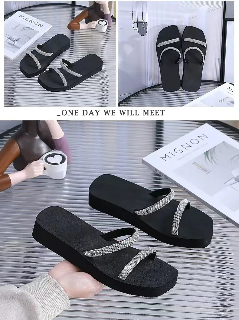 Summer New Arrival Black Rhinestone Slippers All-Match Sandals Outwear Fashionable Thick Sole Increased Seaside Beach Shoes — feature 10