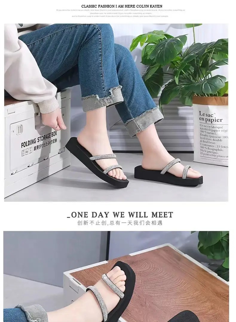 Summer New Arrival Black Rhinestone Slippers All-Match Sandals Outwear Fashionable Thick Sole Increased Seaside Beach Shoes — feature 11