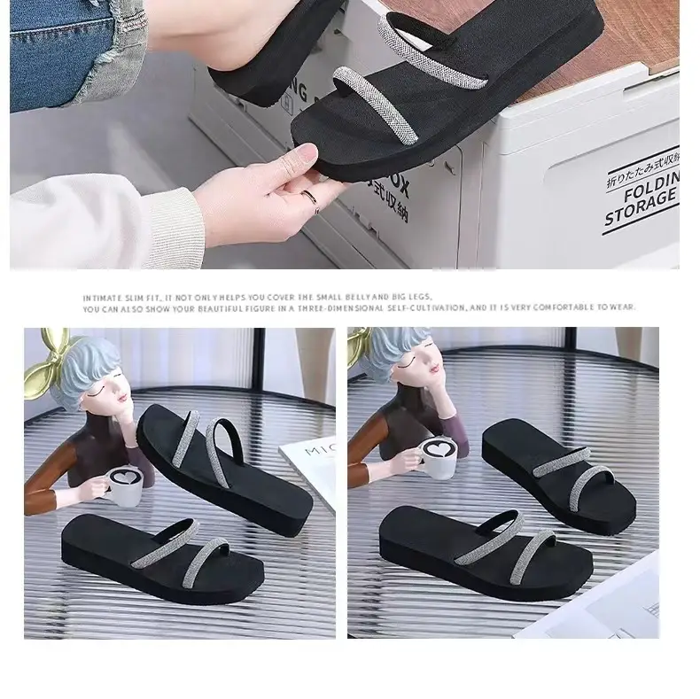 Summer New Arrival Black Rhinestone Slippers All-Match Sandals Outwear Fashionable Thick Sole Increased Seaside Beach Shoes — feature 12