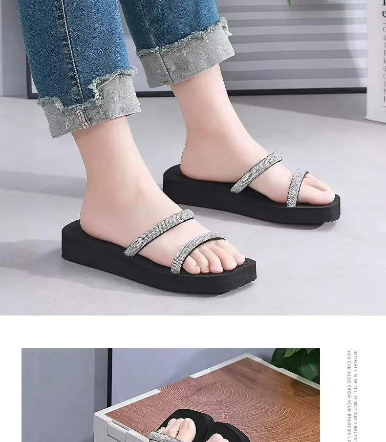 Summer New Arrival Black Rhinestone Slippers All-Match Sandals Outwear Fashionable Thick Sole Increased Seaside Beach Shoes — feature 13