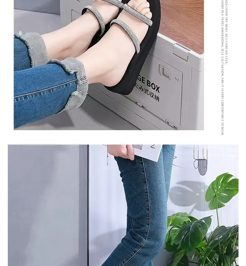 Summer New Arrival Black Rhinestone Slippers All-Match Sandals Outwear Fashionable Thick Sole Increased Seaside Beach Shoes — feature 14