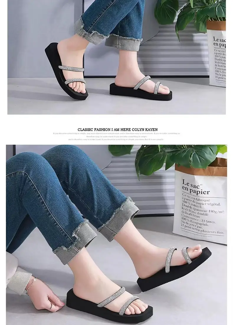 Summer New Arrival Black Rhinestone Slippers All-Match Sandals Outwear Fashionable Thick Sole Increased Seaside Beach Shoes — feature 15
