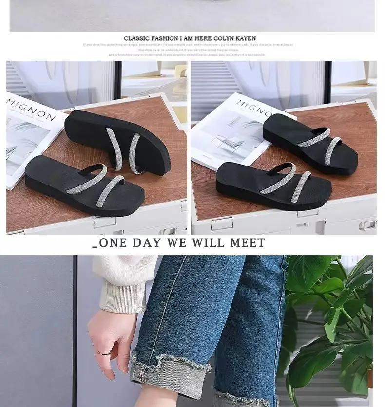 Summer New Arrival Black Rhinestone Slippers All-Match Sandals Outwear Fashionable Thick Sole Increased Seaside Beach Shoes — feature 16