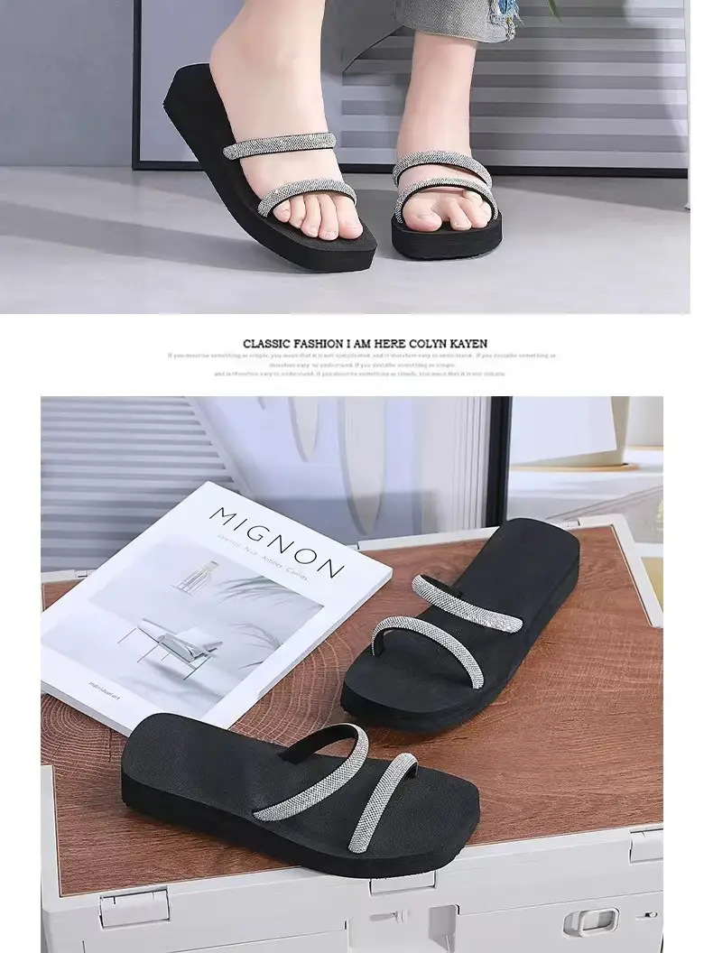 Summer New Arrival Black Rhinestone Slippers All-Match Sandals Outwear Fashionable Thick Sole Increased Seaside Beach Shoes — feature 17