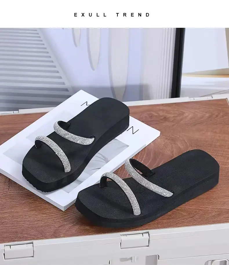Summer New Arrival Black Rhinestone Slippers All-Match Sandals Outwear Fashionable Thick Sole Increased Seaside Beach Shoes — feature 18