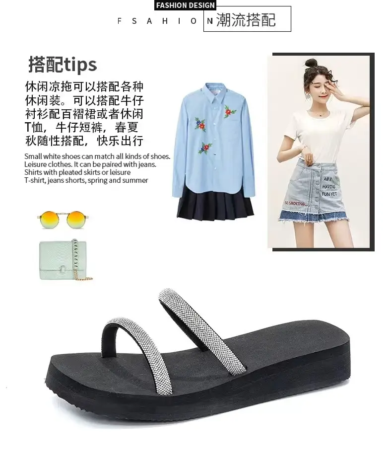 Summer New Arrival Black Rhinestone Slippers All-Match Sandals Outwear Fashionable Thick Sole Increased Seaside Beach Shoes — feature 3