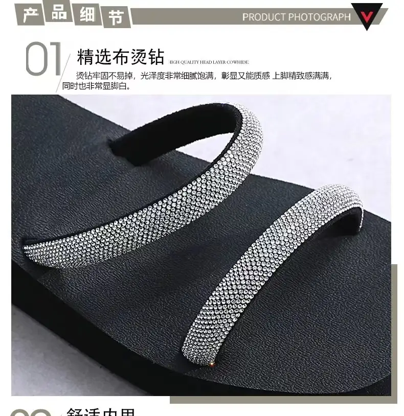 Summer New Arrival Black Rhinestone Slippers All-Match Sandals Outwear Fashionable Thick Sole Increased Seaside Beach Shoes — feature 4
