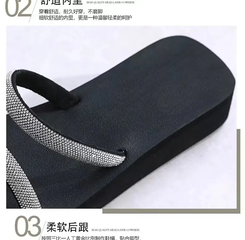 Summer New Arrival Black Rhinestone Slippers All-Match Sandals Outwear Fashionable Thick Sole Increased Seaside Beach Shoes — feature 5