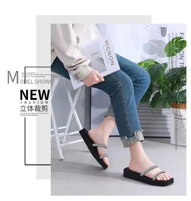 Summer New Arrival Black Rhinestone Slippers All-Match Sandals Outwear Fashionable Thick Sole Increased Seaside Beach Shoes — feature 8