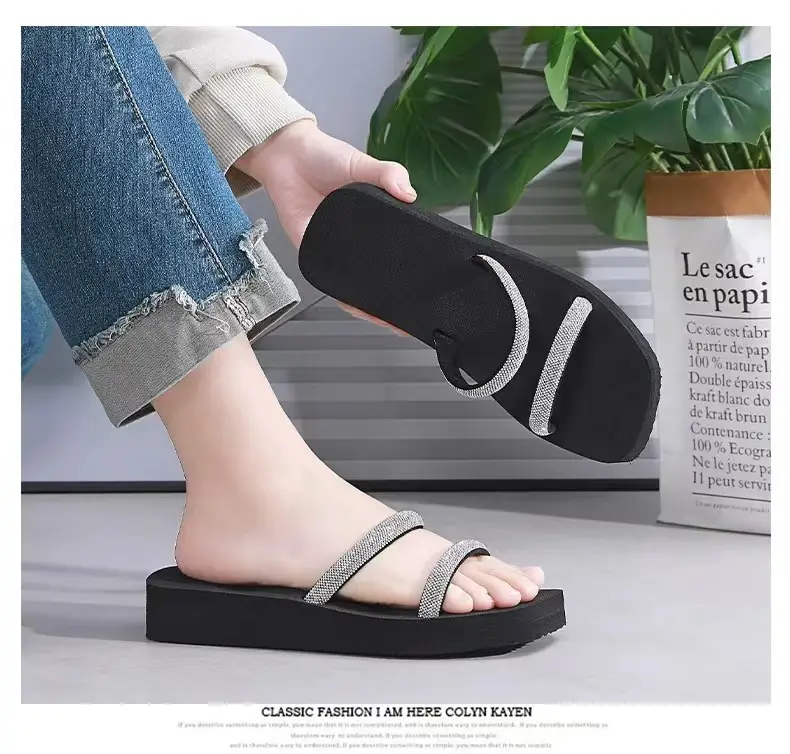 Summer New Arrival Black Rhinestone Slippers All-Match Sandals Outwear Fashionable Thick Sole Increased Seaside Beach Shoes — feature 9