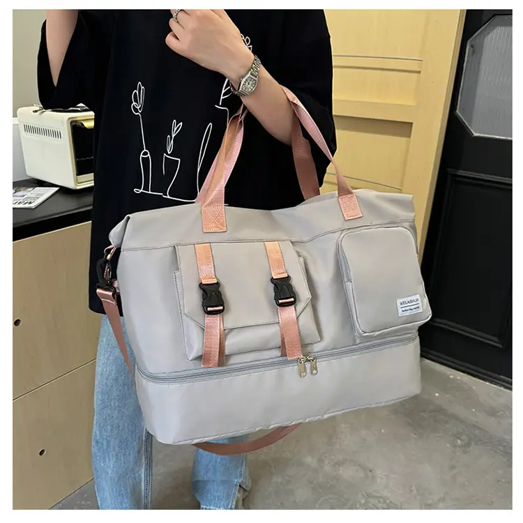 Large Capacity Fitness Sports Shoulder Bag Grey Pink — feature 35