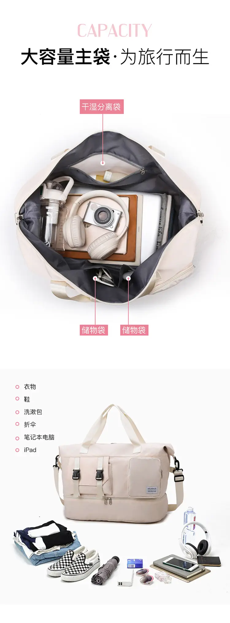 Large Capacity Fitness Sports Shoulder Bag Grey Pink — feature 5