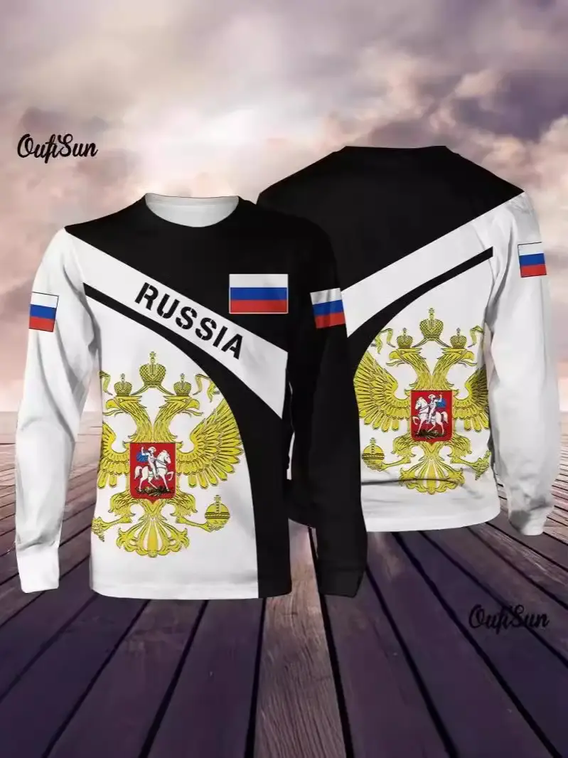 Men's Long Sleeve T-Shirt Russian Military Print Black White - Image 13