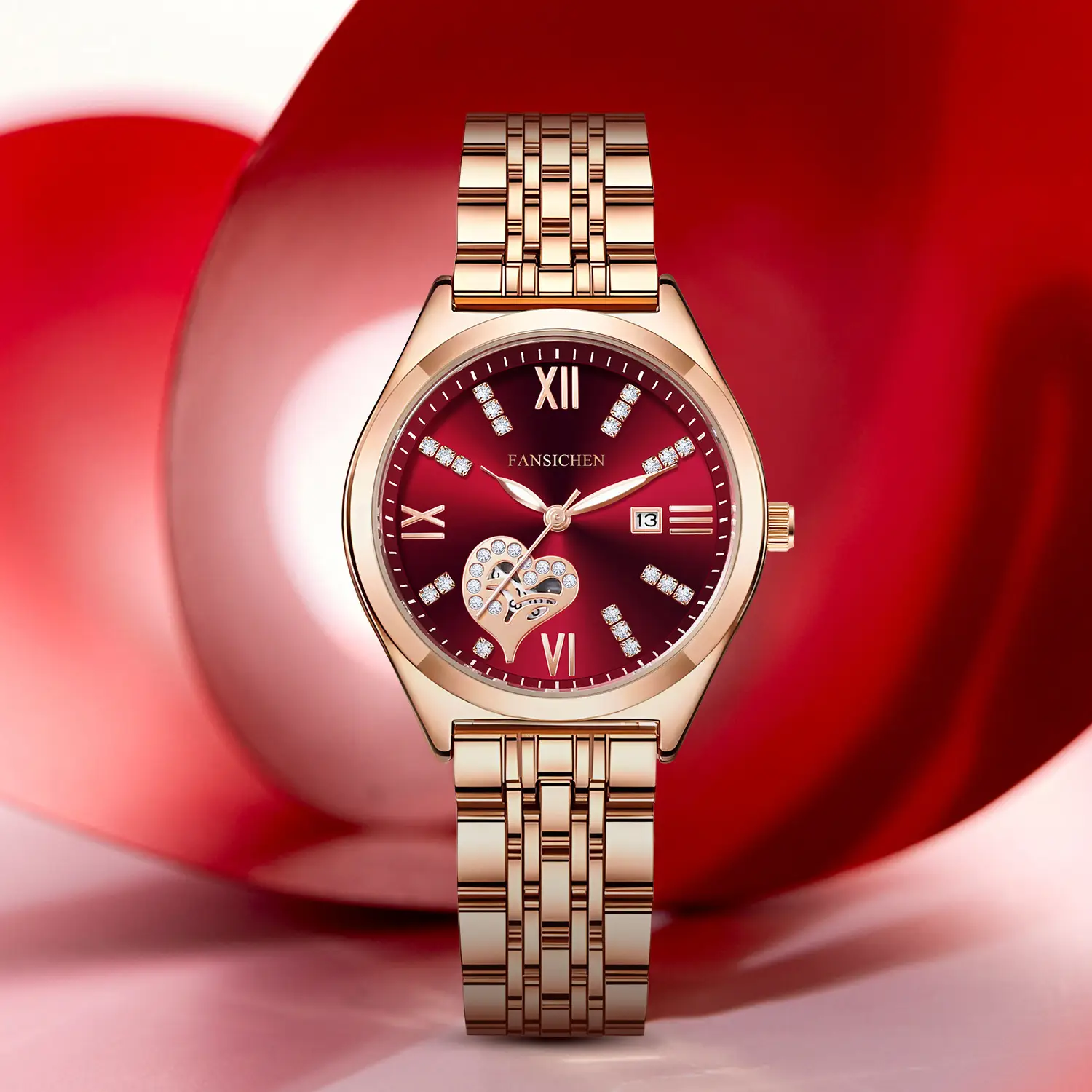 Women's Gold Dial Diamond Studded Calendar Watch with Steel Band - Image 4