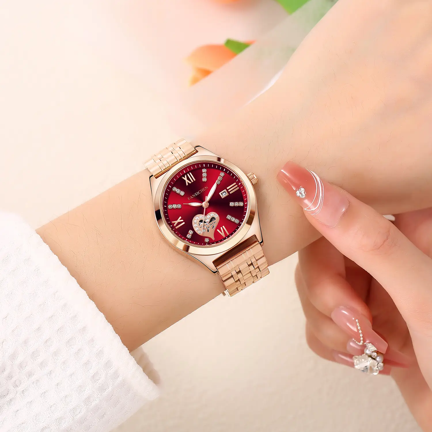 Women's Gold Dial Diamond Studded Calendar Watch with Steel Band - Image 5