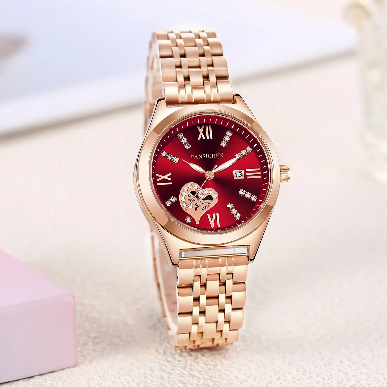Women's Gold Dial Diamond Studded Calendar Watch with Steel Band - Image 6