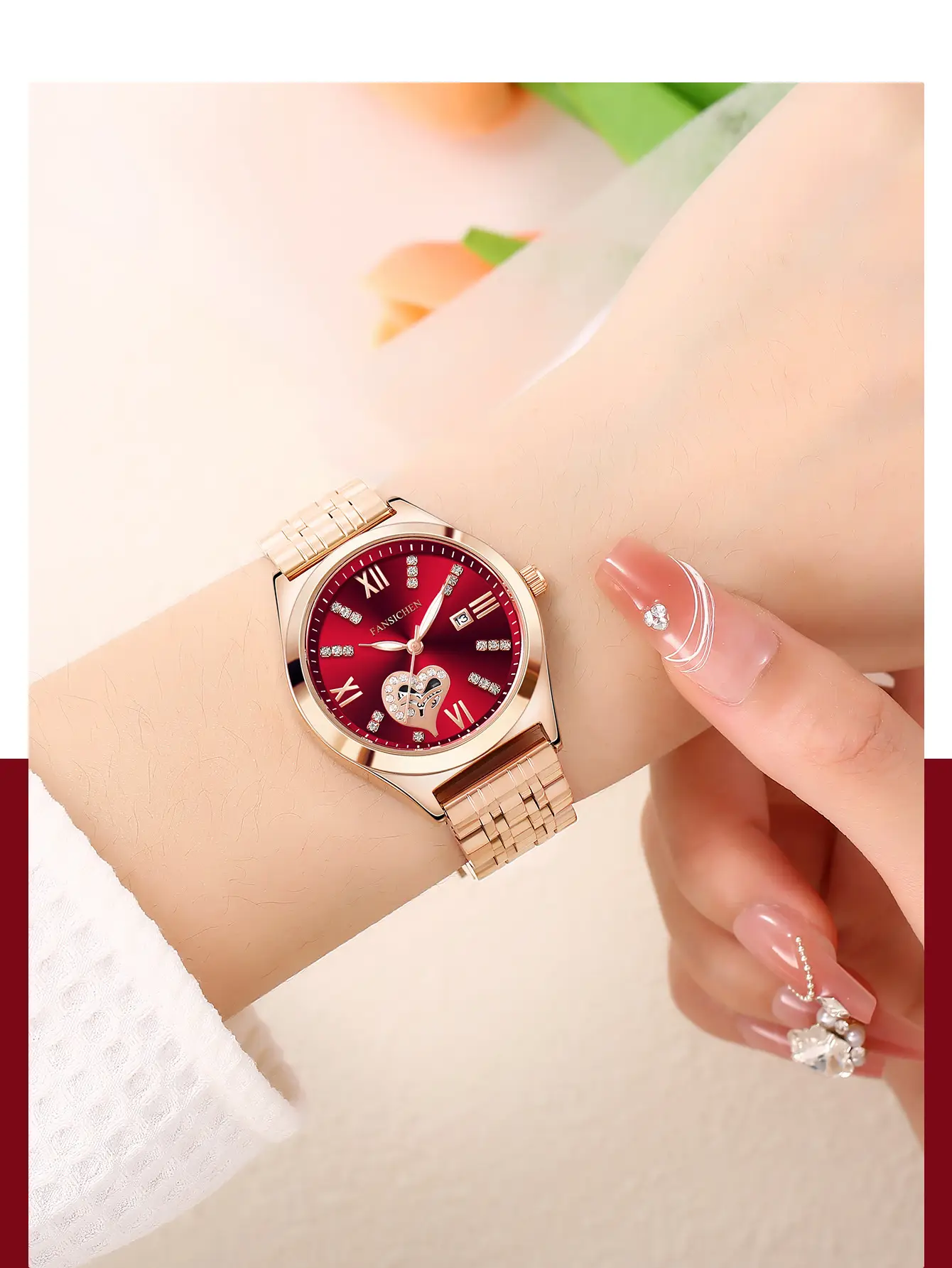 Women's Gold Dial Diamond Studded Calendar Watch with Steel Band — feature 10