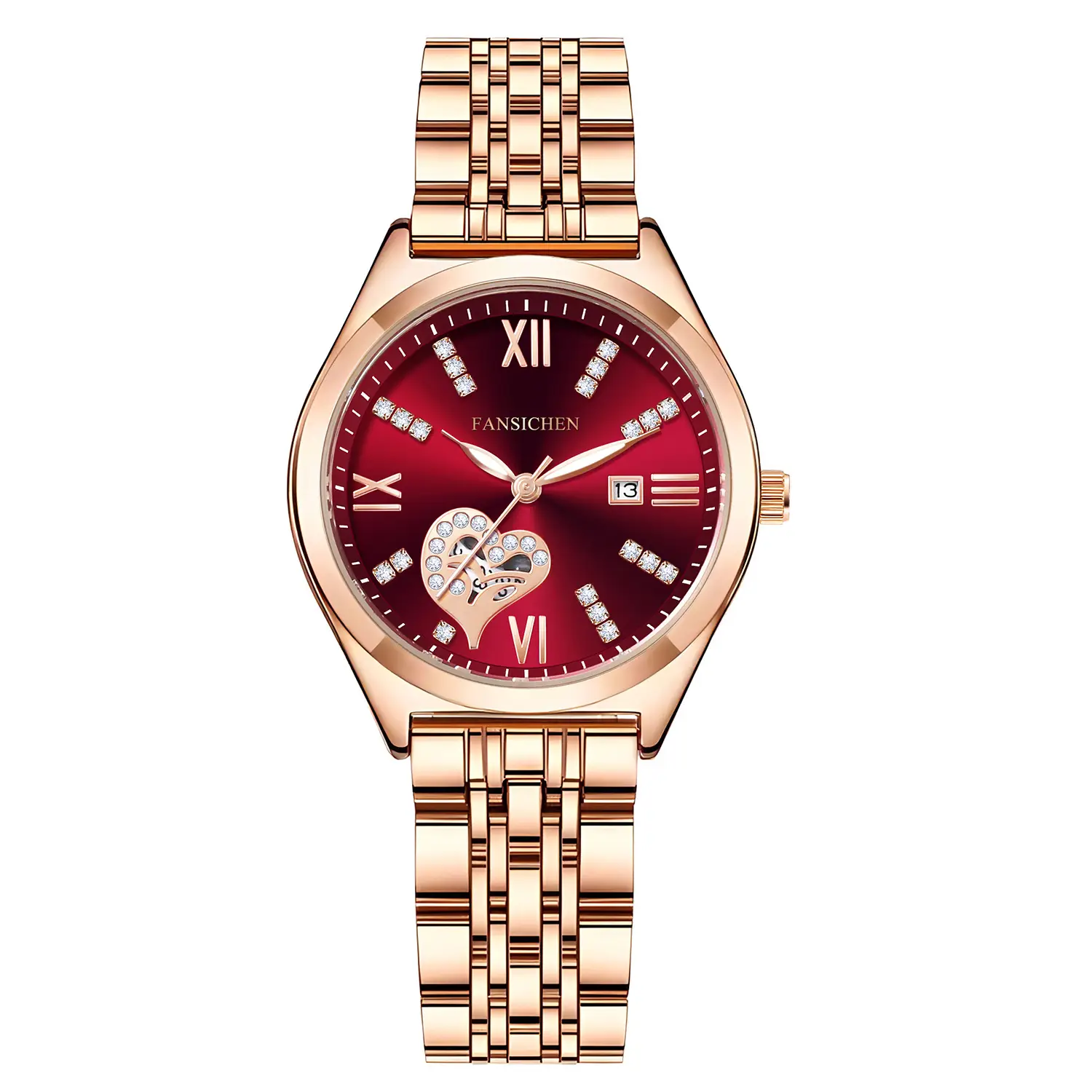 Women's Gold Dial Diamond Studded Calendar Watch with Steel Band - Image 2