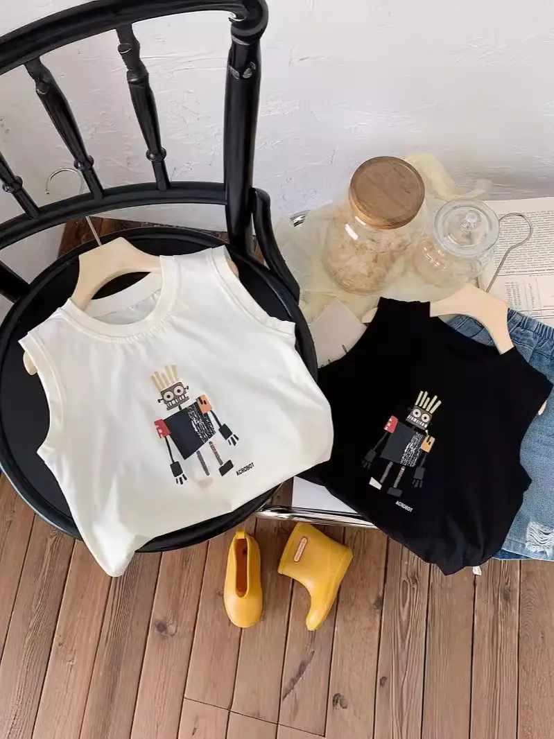 Baby's Black Sleeveless Cotton Vest with Cartoon Print - Image 4