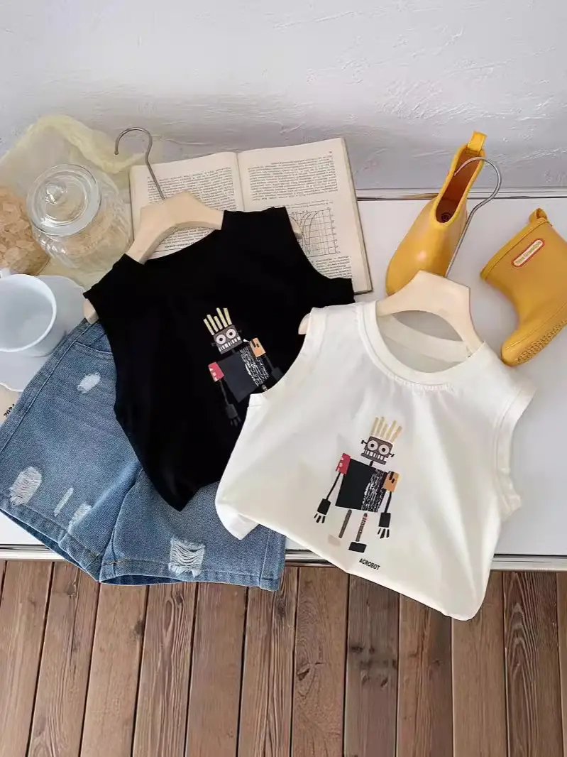 Baby's Black Sleeveless Cotton Vest with Cartoon Print - Image 5