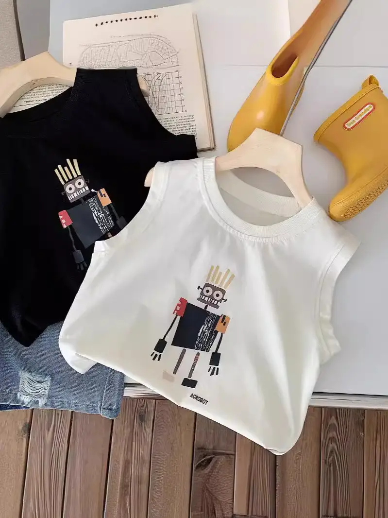 Baby's Black Sleeveless Cotton Vest with Cartoon Print - Image 6