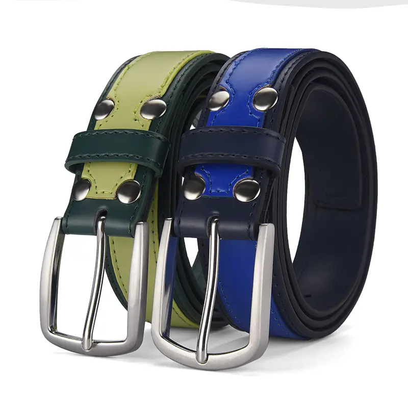Men's Blue Leather Belt with Silver Buckle