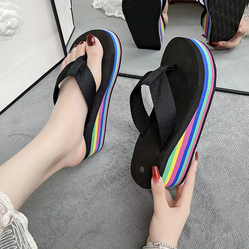 New Fashion Rainbow Flip-Flops Women's Summer Thick Bottom High Heel Net Infrared Wear Casual Seaside Beach Sandals and Slippers Trendy - Image 7