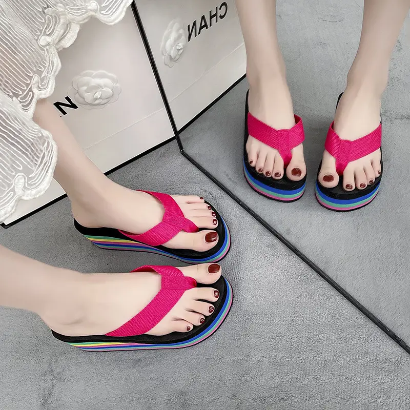 New Fashion Rainbow Flip-Flops Women's Summer Thick Bottom High Heel Net Infrared Wear Casual Seaside Beach Sandals and Slippers Trendy - Image 8
