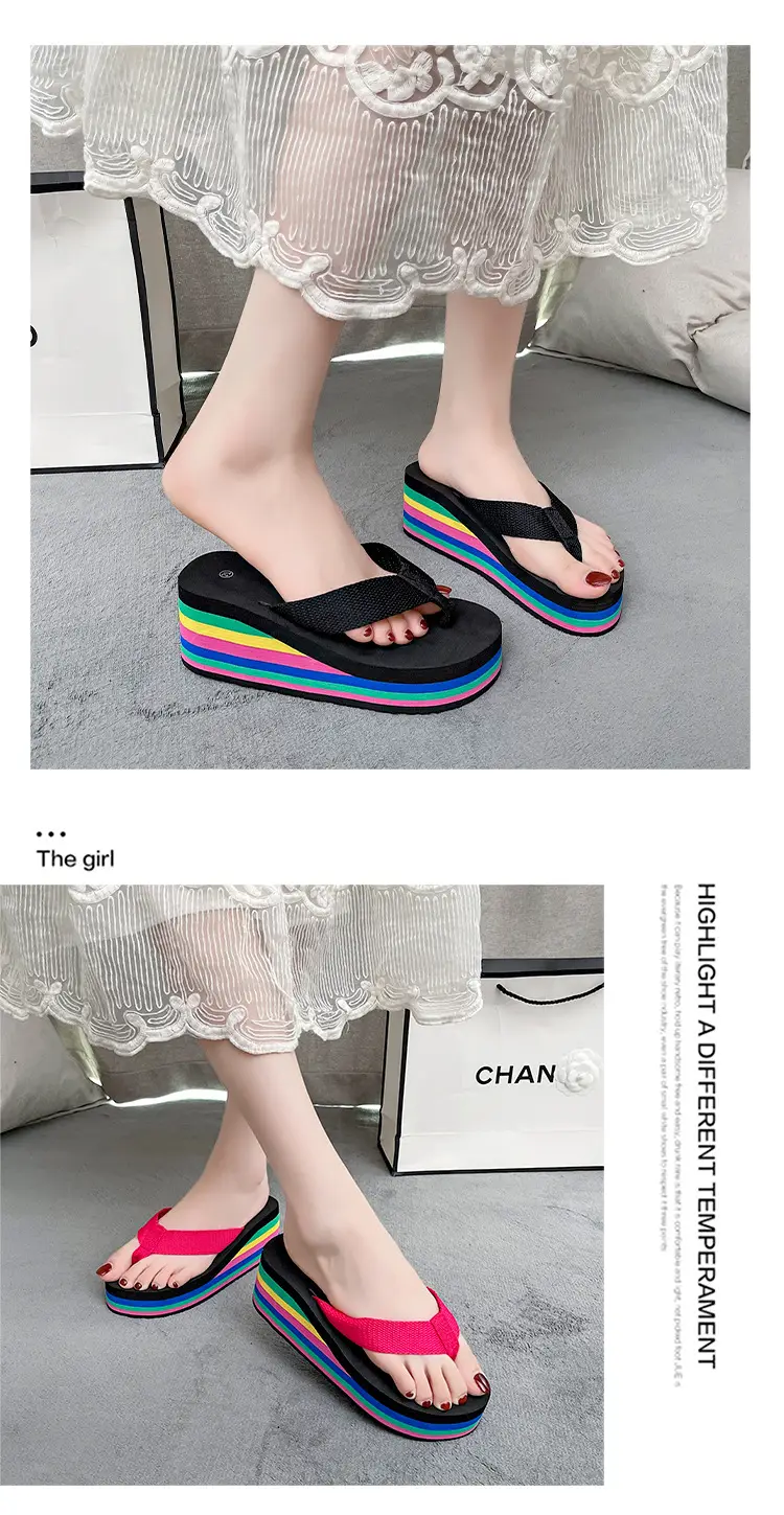 New Fashion Rainbow Flip-Flops Women's Summer Thick Bottom High Heel Net Infrared Wear Casual Seaside Beach Sandals and Slippers Trendy — feature 10