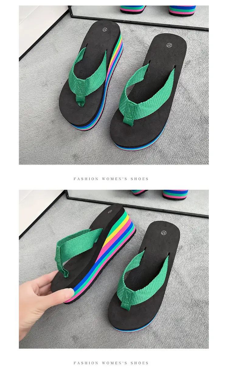 New Fashion Rainbow Flip-Flops Women's Summer Thick Bottom High Heel Net Infrared Wear Casual Seaside Beach Sandals and Slippers Trendy — feature 12