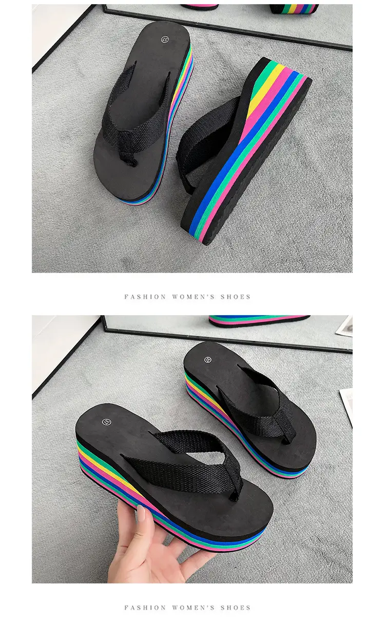 New Fashion Rainbow Flip-Flops Women's Summer Thick Bottom High Heel Net Infrared Wear Casual Seaside Beach Sandals and Slippers Trendy — feature 13