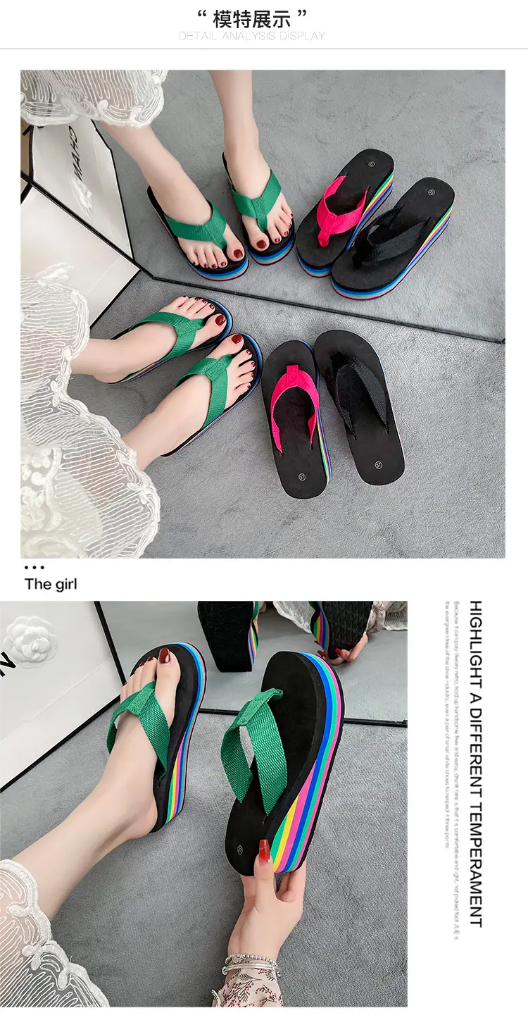 New Fashion Rainbow Flip-Flops Women's Summer Thick Bottom High Heel Net Infrared Wear Casual Seaside Beach Sandals and Slippers Trendy — feature 8